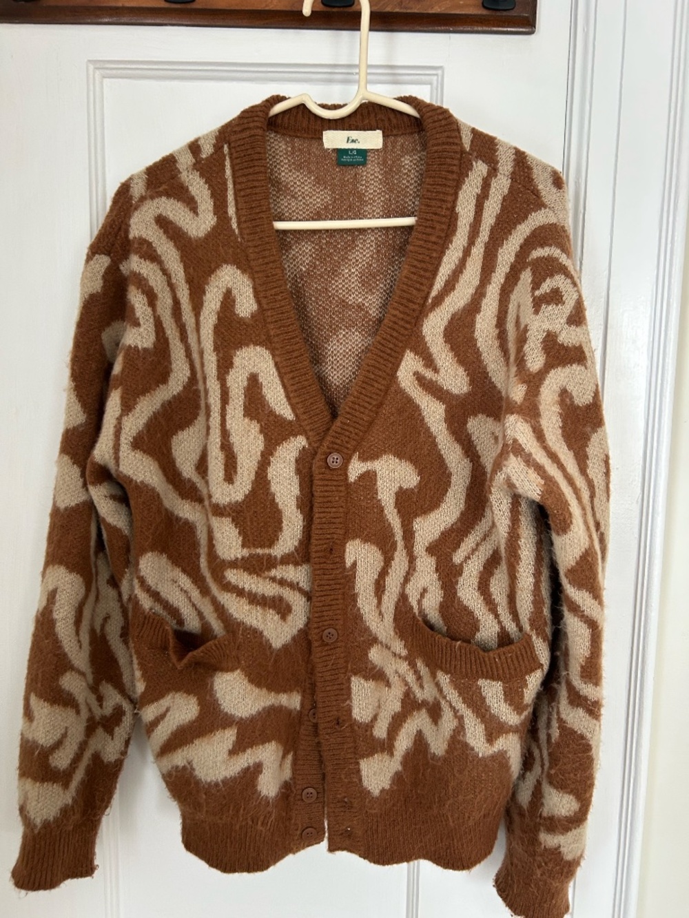 ESC Brand Abstract Marble Swirl Fuzzy Mohair-Style Cardigan Sweater Large